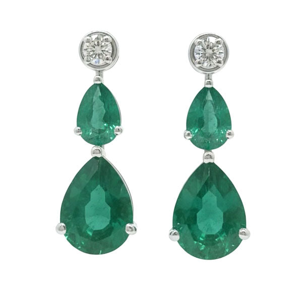 Seraphina Dual Teardrop Diamond Earrings -18K White Gold Rhodium Plated with Emerald