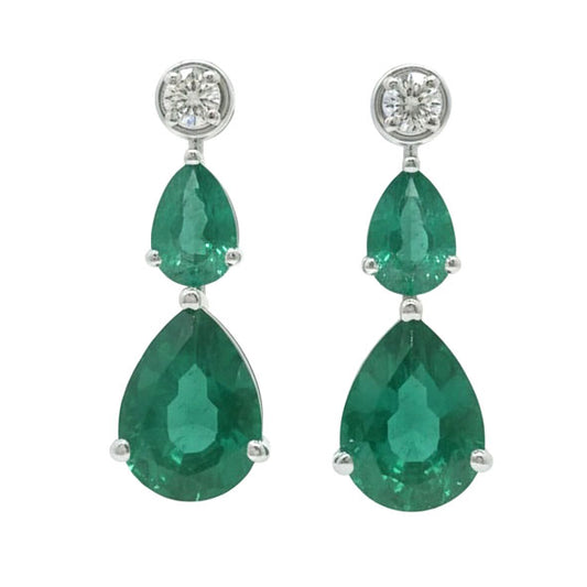 Seraphina Dual Teardrop Diamond Earrings -18K White Gold Rhodium Plated with Emerald