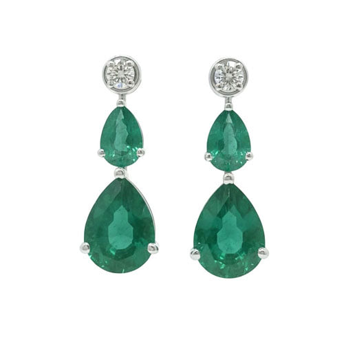 Seraphina Dual Teardrop Diamond Earrings -18K White Gold Rhodium Plated with Emerald