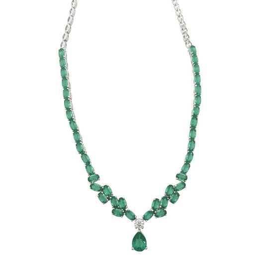 Verdana Bloom Diamond Necklace with Emeralds-18K White Gold Rhodium Plated