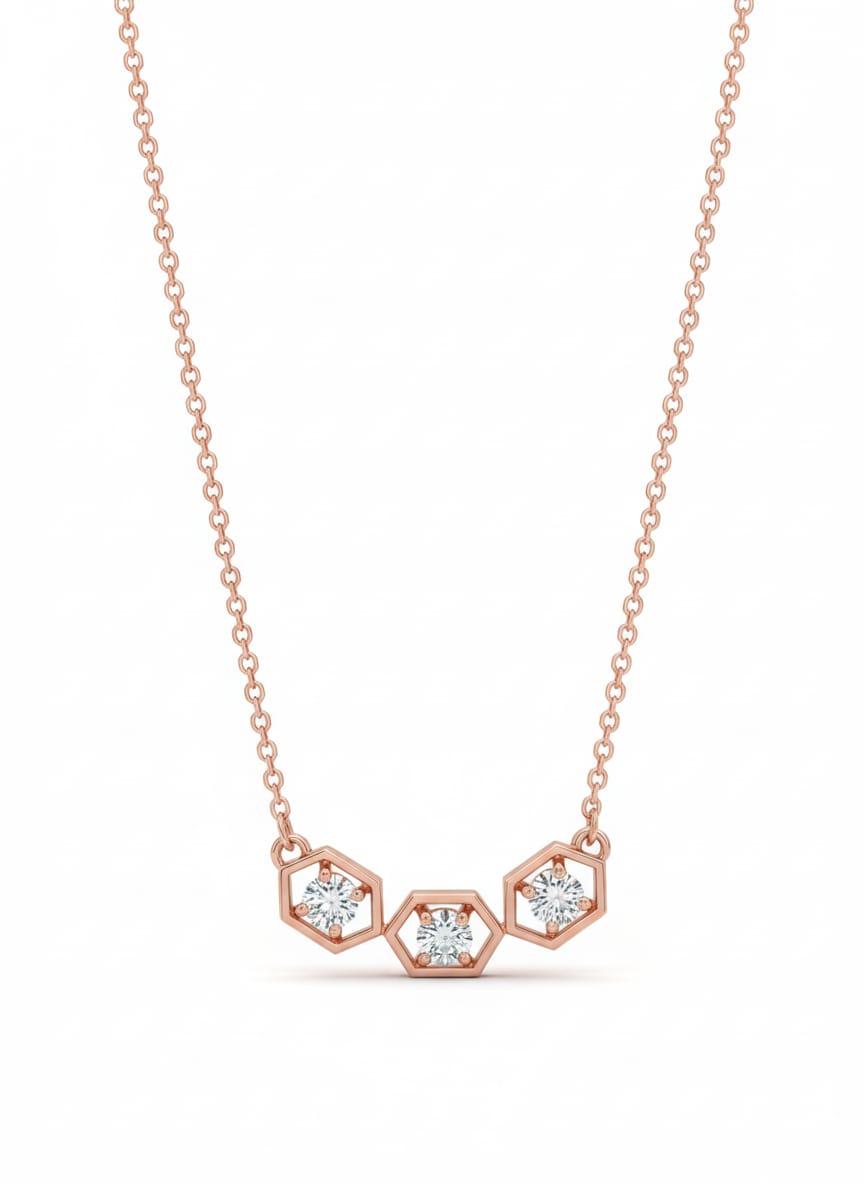 Minimal Hexa Spark Pendant – 18K Rose Gold Rhodium Plated Trio Diamonds
