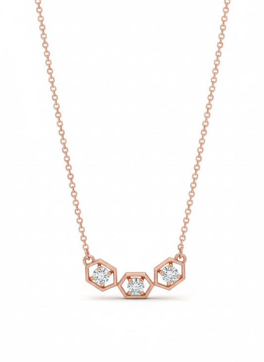 Minimal Hexa Spark Pendant – 18K Rose Gold Rhodium Plated Trio Diamonds