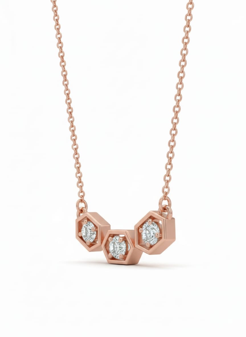 Minimal Hexa Spark Pendant – 18K Rose Gold Rhodium Plated Trio Diamonds