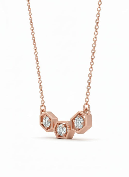 Minimal Hexa Spark Pendant – 18K Rose Gold Rhodium Plated Trio Diamonds