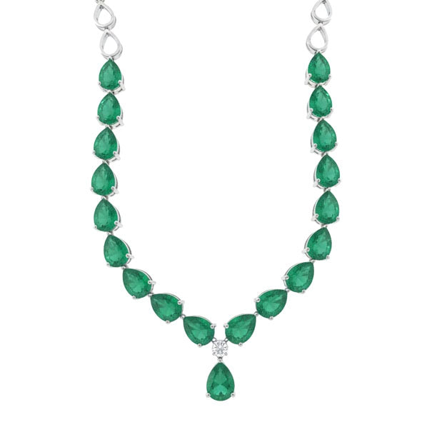 Dewdrop Dangle Emerald and Diamond Necklace -18K White Gold Rhodium Plated