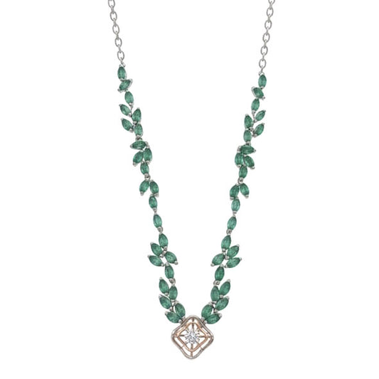 Green Leaf Garland Diamond Necklace -18K White Gold Rhodium Plated