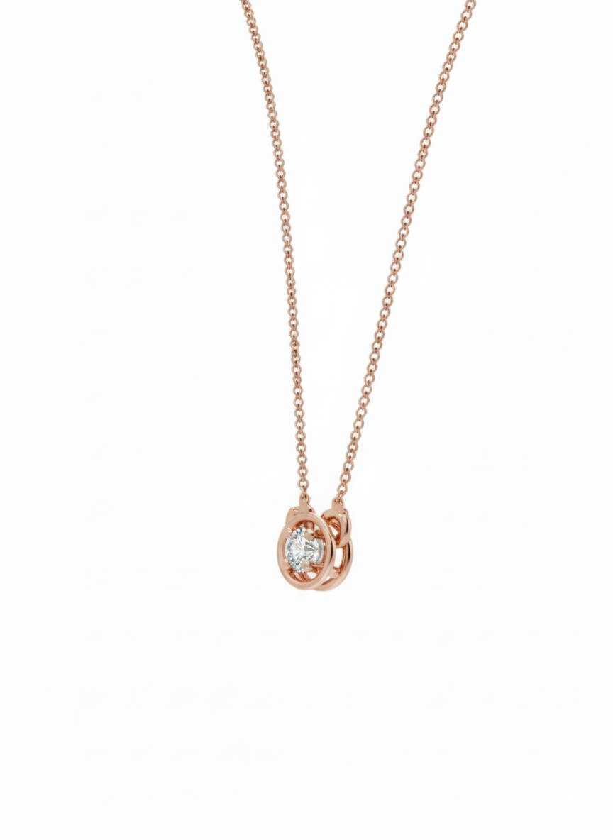 Sleek Round Glow Pendant – Charm in 18K Rose Gold Rhodium Plated Lab Grown Solitaire Diamond