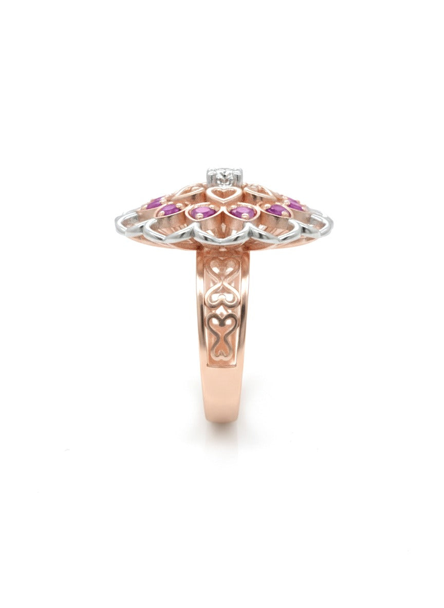 Ornate Roselle Stone Ring – 18K White Gold Rhodium Plated