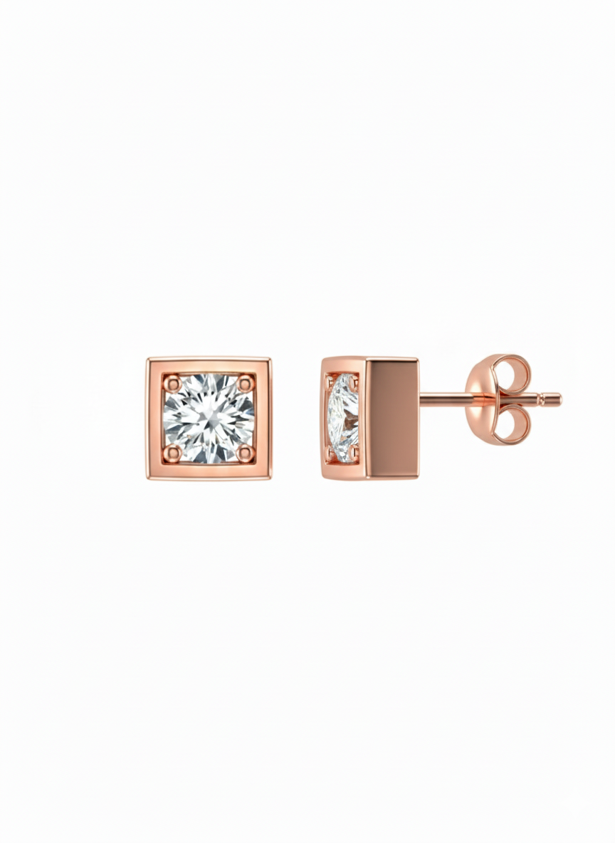 18K Rose Gold Rhodium Plated “Modern Heirloom” Square Lab Grown Diamond Studs