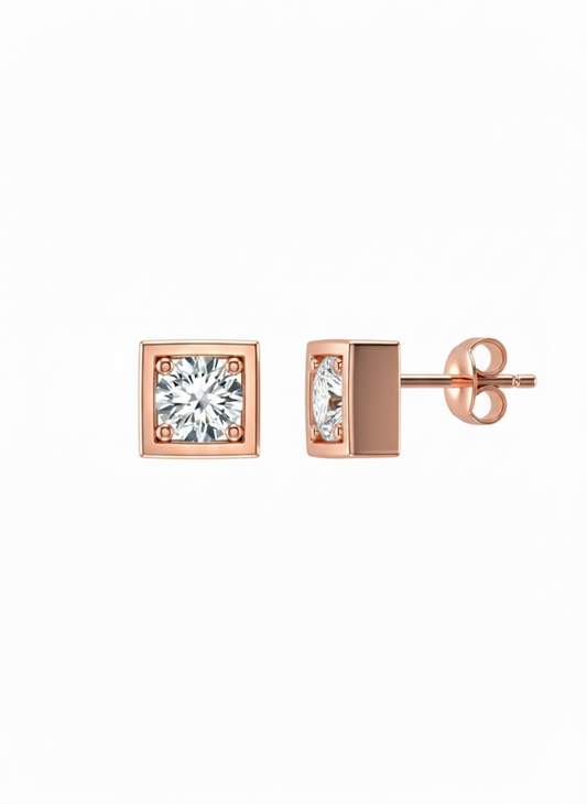 18K Rose Gold Rhodium Plated “Modern Heirloom” Square Lab Grown Diamond Studs