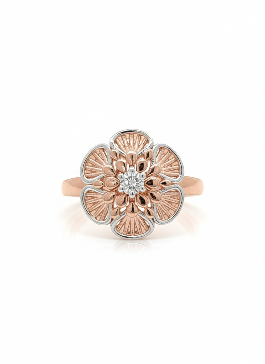 Mystic Petal Lab-grown Gem Ring: A layered petal ring in rose gold and rhodium
