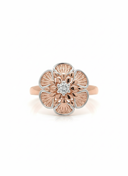 Mystic Petal Lab-grown Gem Ring: A layered petal ring in rose gold and rhodium