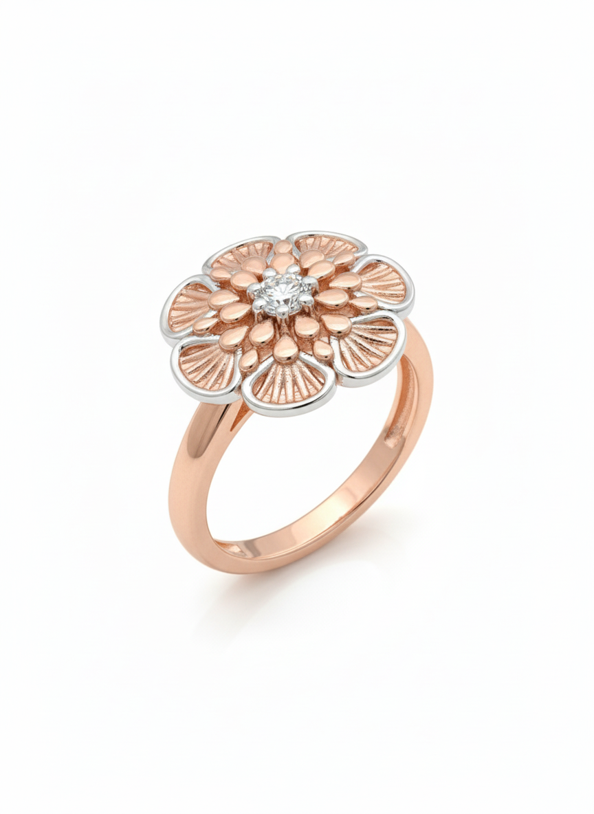 Mystic Petal Lab-grown Gem Ring: A layered petal ring in rose gold and rhodium