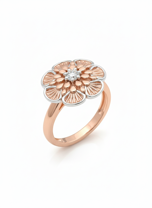 Mystic Petal Lab-grown Gem Ring: A layered petal ring in rose gold and rhodium