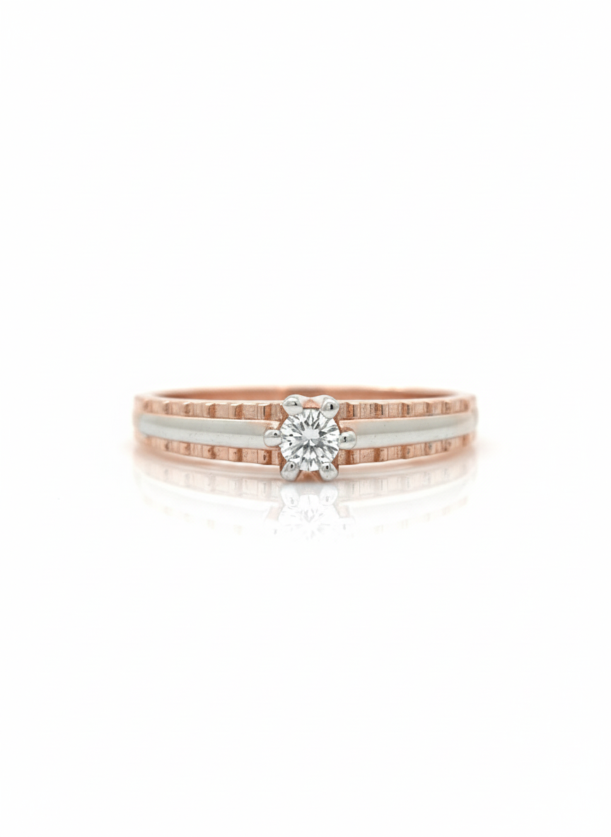 Classic Solitaire Harmony Ring: Crafted in 18k rose gold with a sleek rhodium band