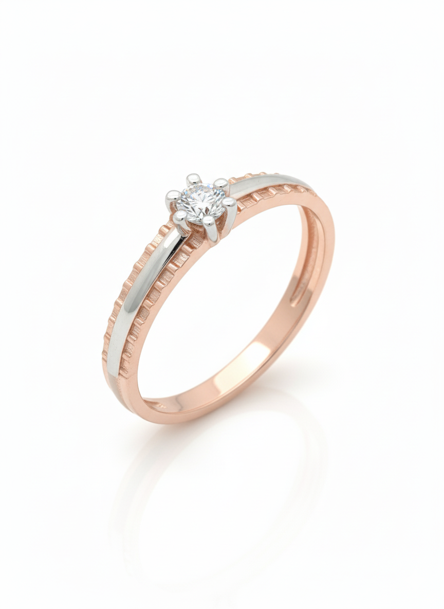 Classic Solitaire Harmony Ring: Crafted in 18k rose gold with a sleek rhodium band