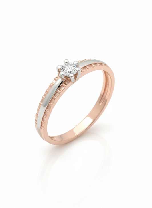 Classic Solitaire Harmony Ring: Crafted in 18k rose gold with a sleek rhodium band
