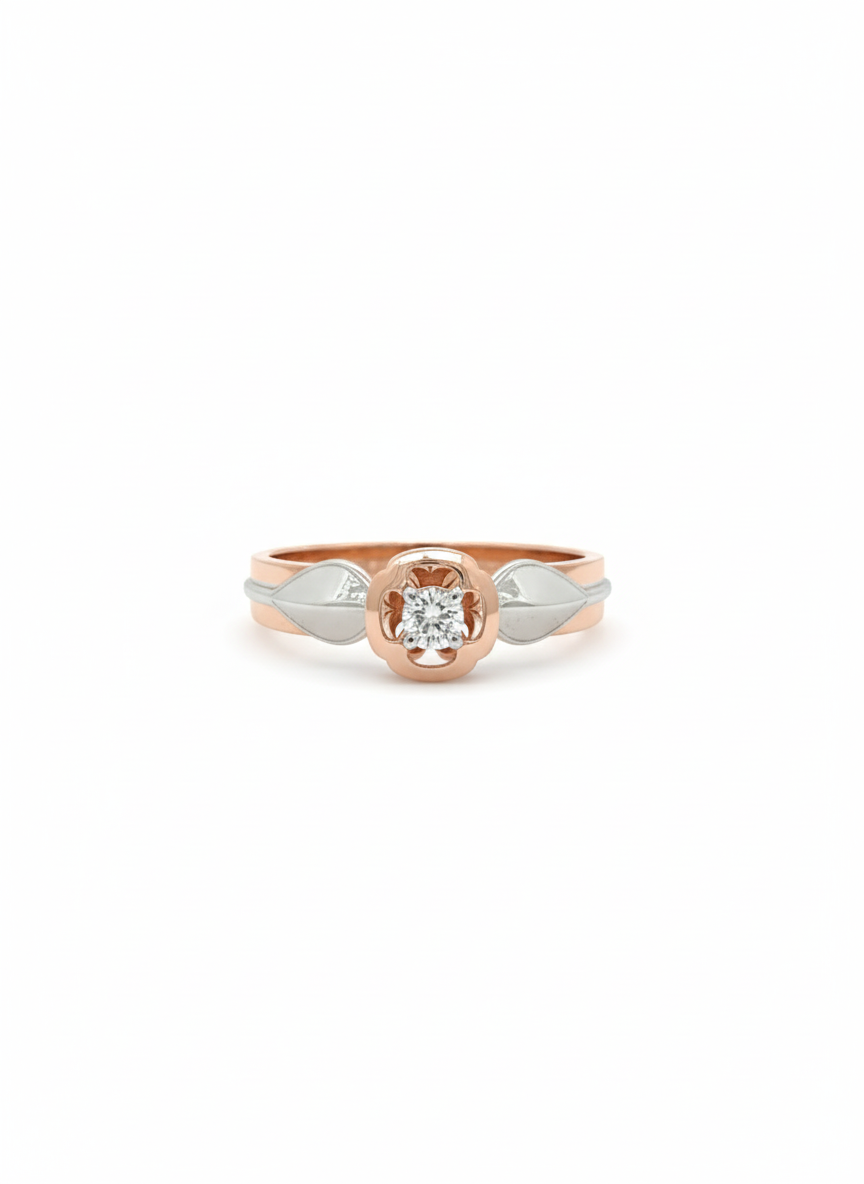 Evelyn Leaf Halo Ring – 18K Rose Gold with Rhodium Detailing and Lab Diamond