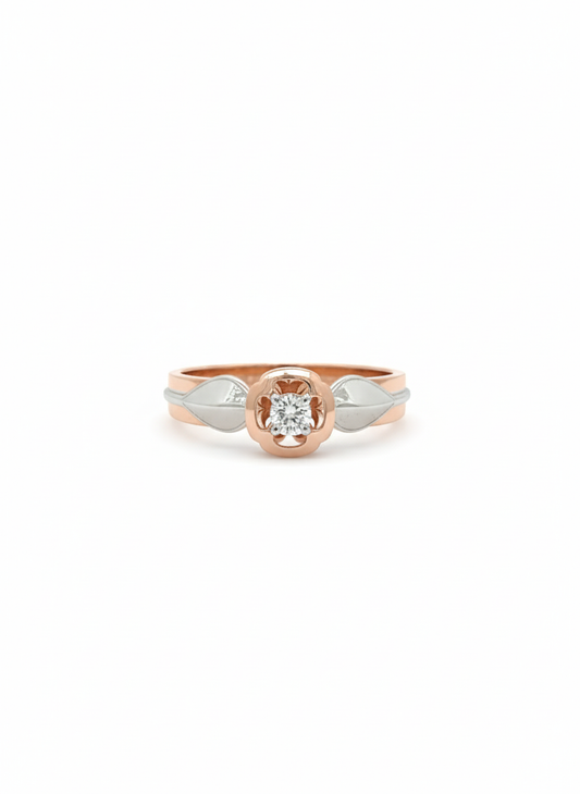 Evelyn Leaf Halo Ring – 18K Rose Gold with Rhodium Detailing and Lab Diamond