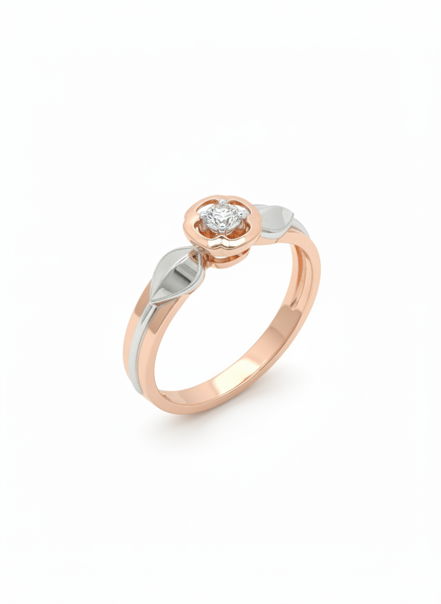 Evelyn Leaf Halo Ring – 18K Rose Gold with Rhodium Detailing and Lab Diamond