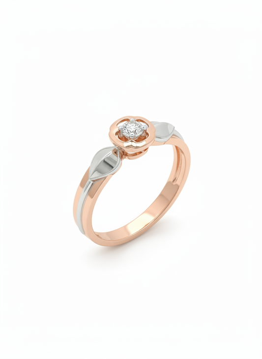 Evelyn Leaf Halo Ring – 18K Rose Gold with Rhodium Detailing and Lab Diamond