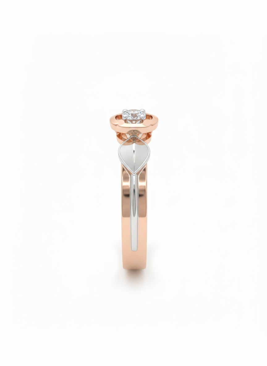 Evelyn Leaf Halo Ring – 18K Rose Gold with Rhodium Detailing and Lab Diamond