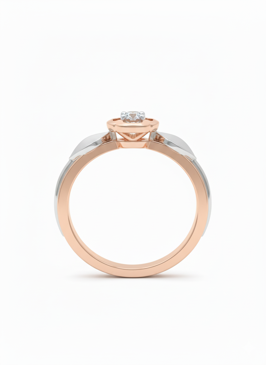 Evelyn Leaf Halo Ring – 18K Rose Gold with Rhodium Detailing and Lab Diamond
