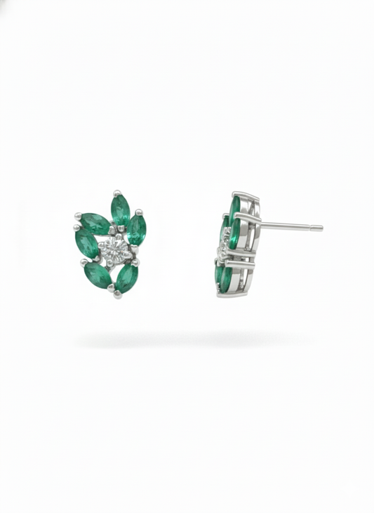 Elaris Emerald Bloom Diamond Earrings -18K White Gold Rhodium Plated