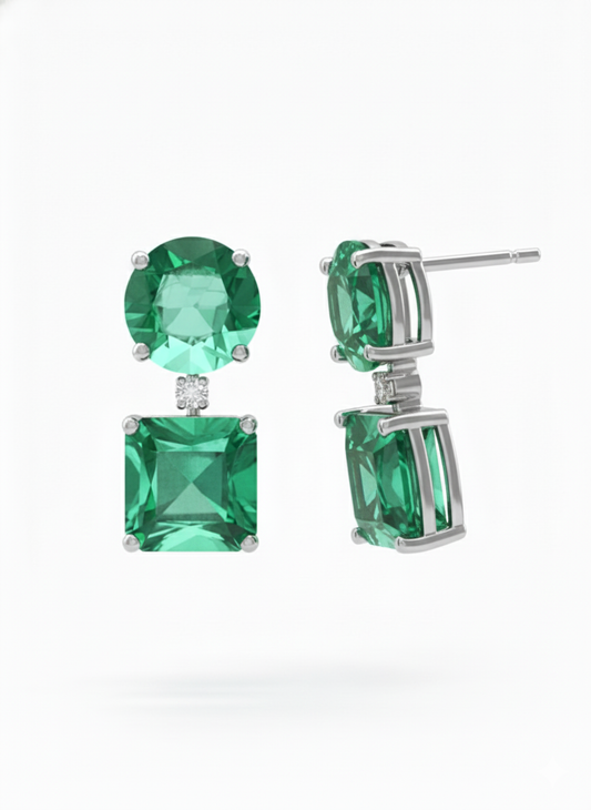 Dual Emerald Geometry Diamond Earrings 18K White Gold Rhodium-Plated