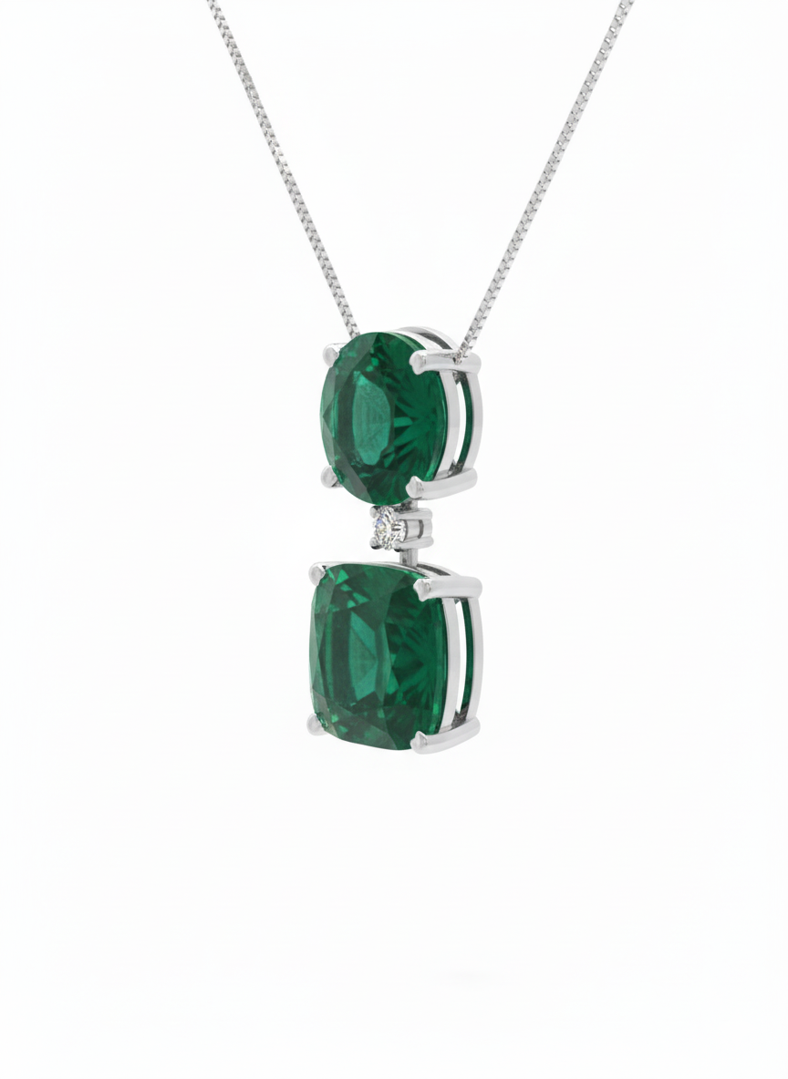 Luxe Emerald Twin Diamond Pendant with Chain - 18K White Gold Rhodium Plated