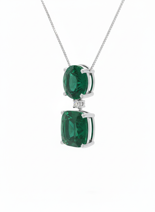 Luxe Emerald Twin Diamond Pendant with Chain - 18K White Gold Rhodium Plated