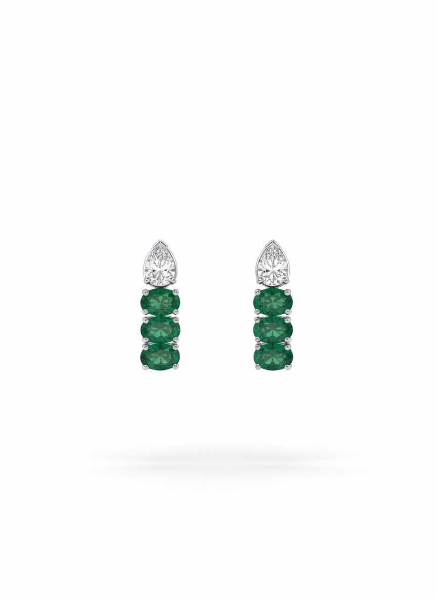 Emerald Crest Drop Earrings – 18K Rose & White Gold Rhodium Plated