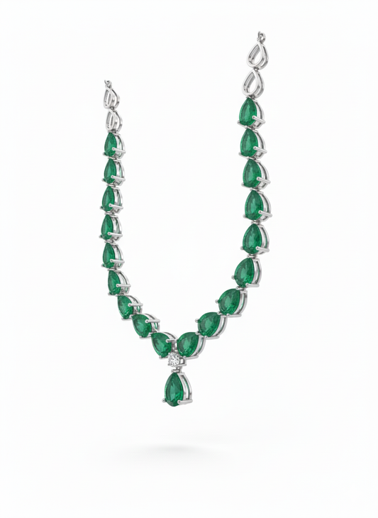 Dewdrop Dangle Emerald and Diamond Necklace -18K White Gold Rhodium Plated