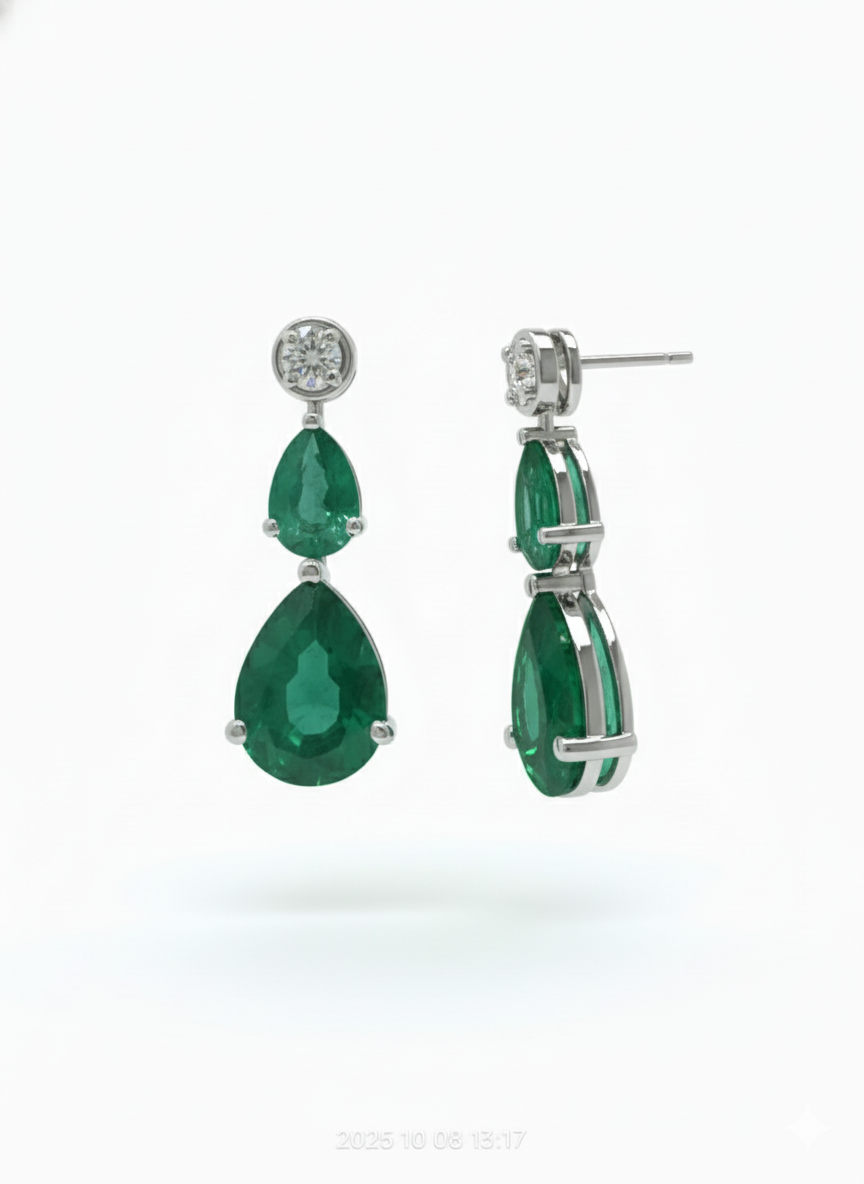 Seraphina Dual Teardrop Diamond Earrings -18K White Gold Rhodium Plated with Emerald
