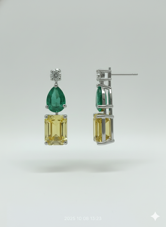 Verde Sol Diamond Earrings in - 18K White Gold Rhodium Plated with Colour Stones