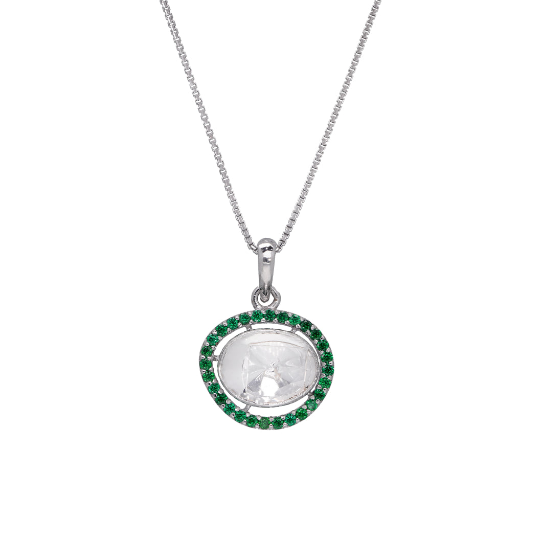 Green Sparkle Polki Pendant With Chain